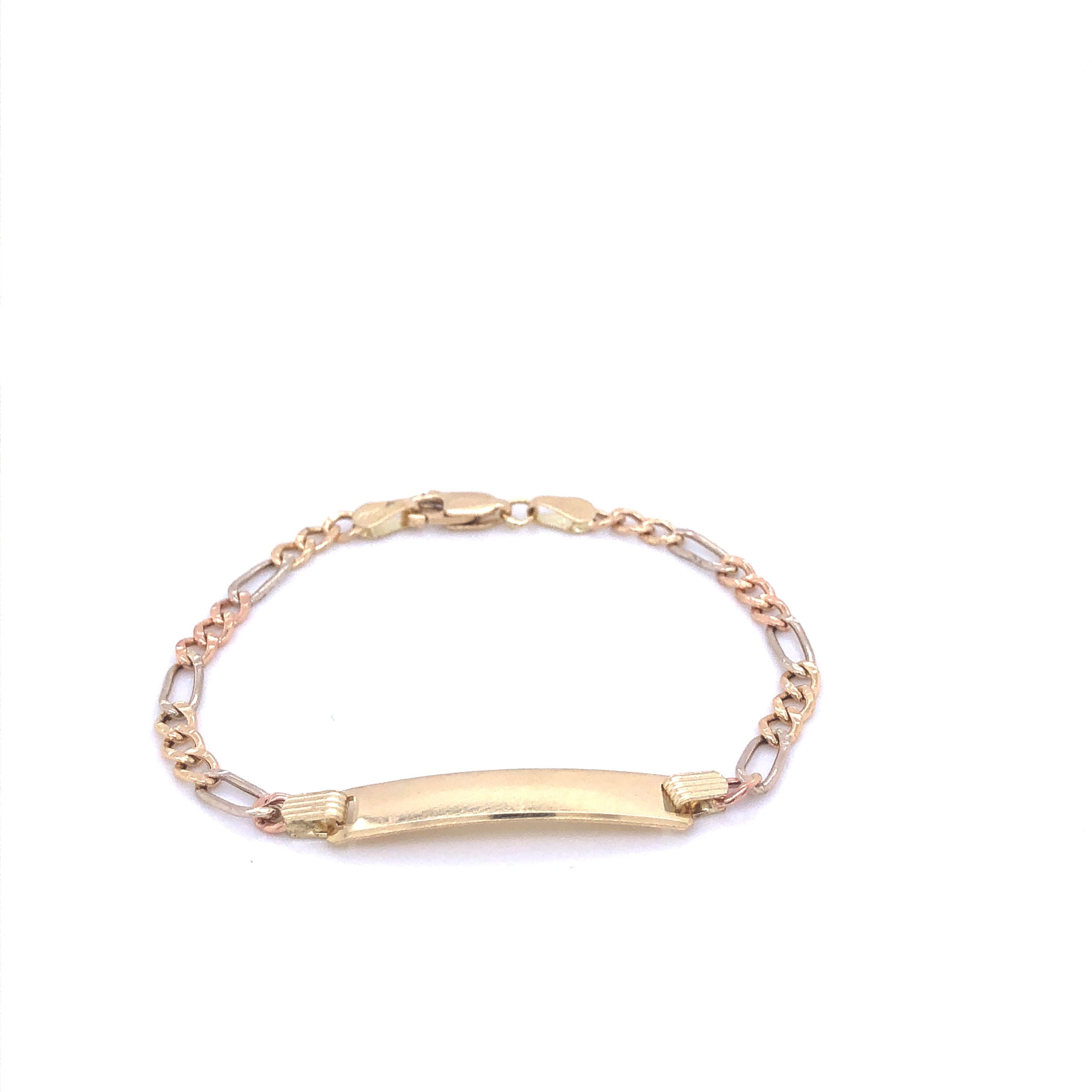 14K Figaro Link Long Plate for Engraving Tri-Color Gold Chain Bracelet