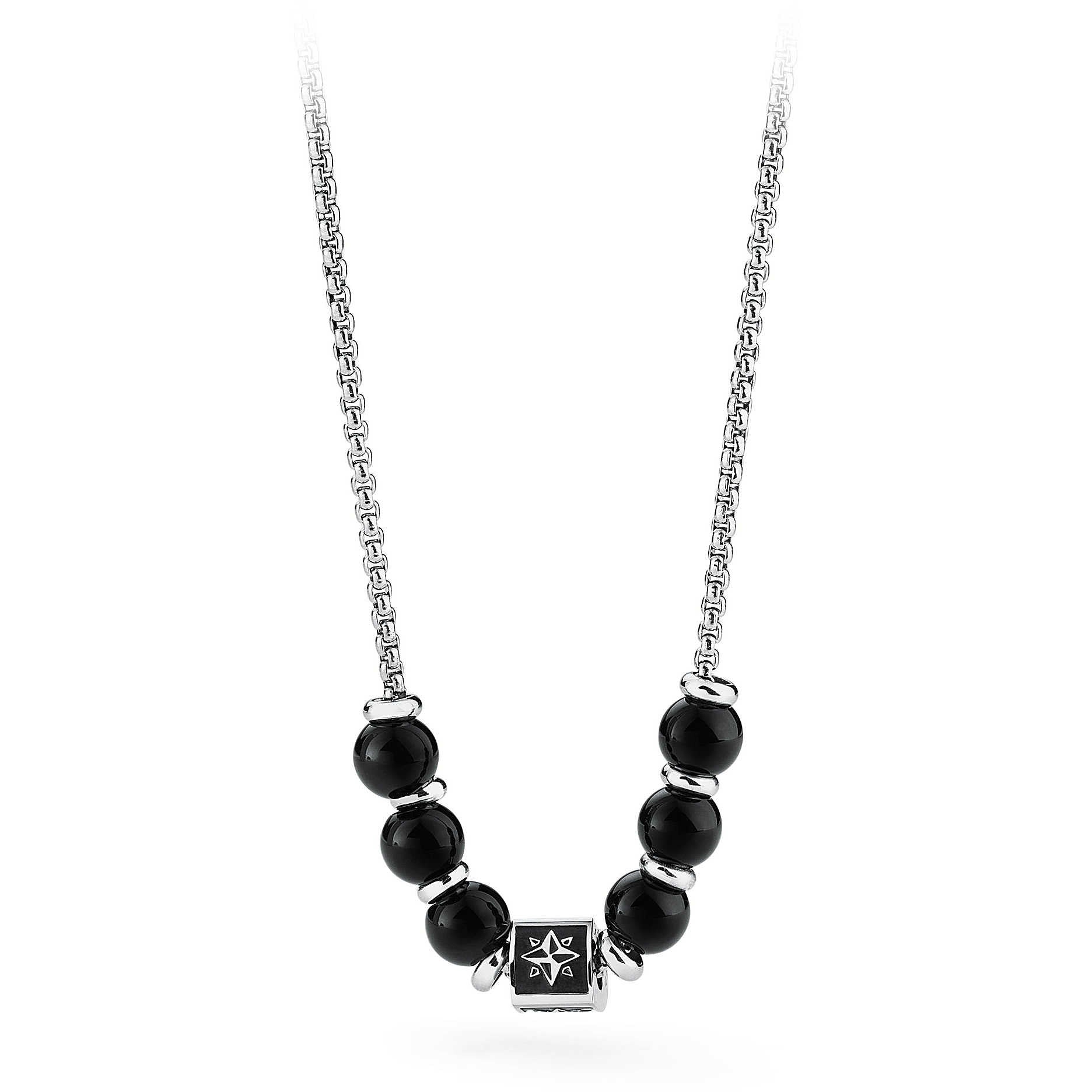 TJ Man Navigation Star and Black Onyx Stones Pendant Necklace (Silver-Black)