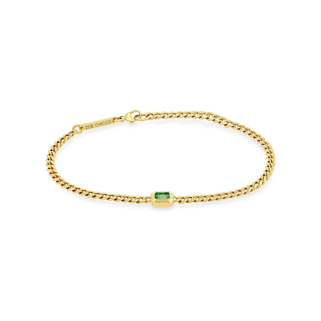 14K Gold Small Hollow Curb Chain Bracelet with Bezel-Set Emerald