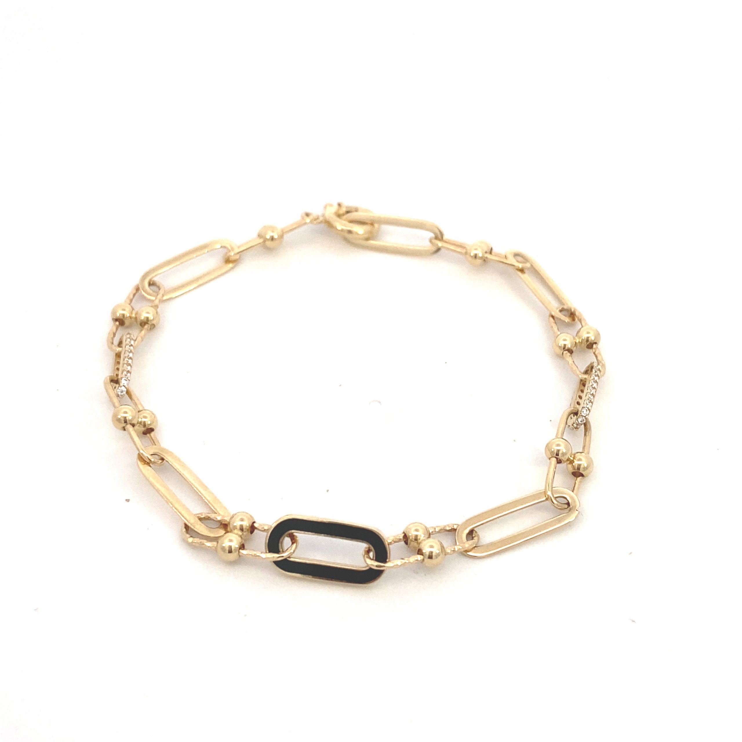 14K Gold Enamel Paper Clip Link Bracelet with CZ