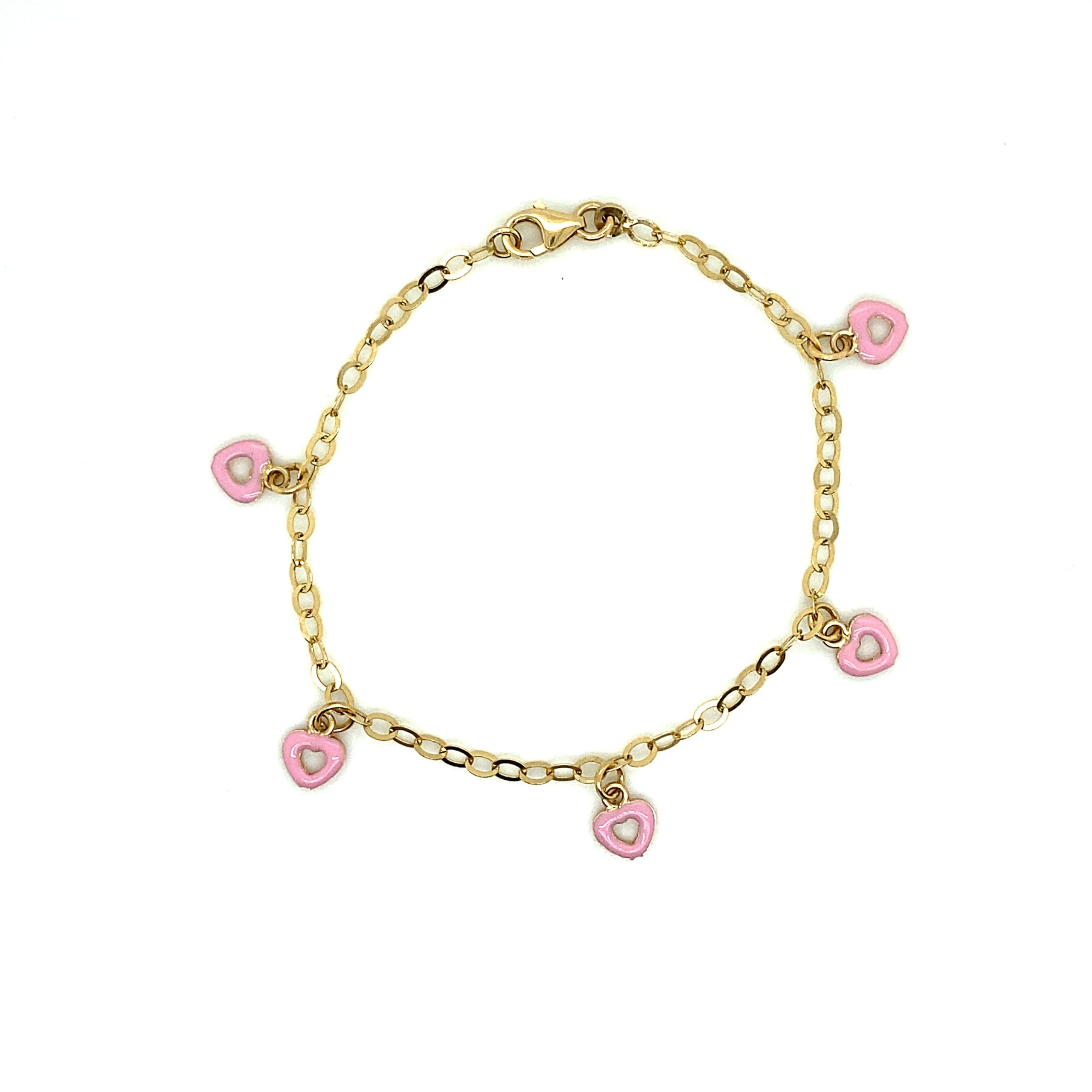 14K Gold Pink Dangle Heart Bracelet