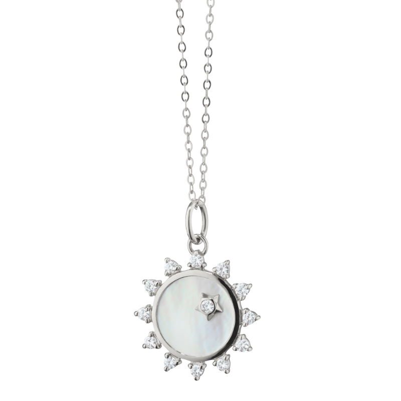 CH-41583 Mother Of Pearl & Sapphire Sun Pendant In Sterling Silver