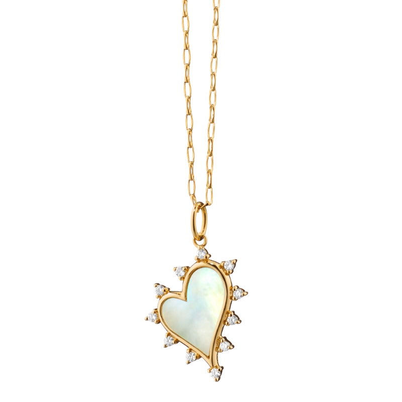 CH-41684-White Mother Of Pearl & Diamond Heart Pendant In 18 Karat Yellow Gold
