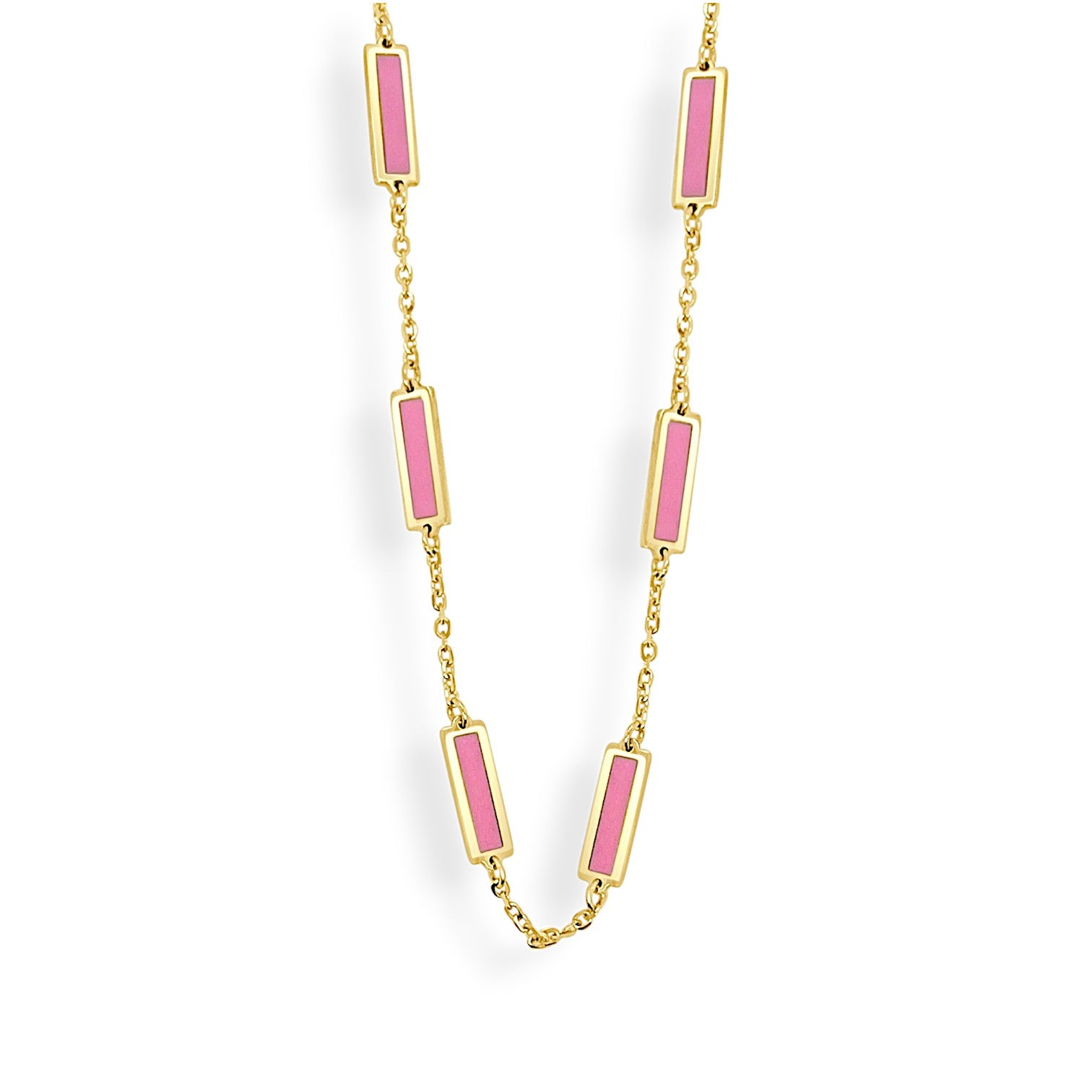 14K Yellow Gold 17 Station Pink Inlay Necklace