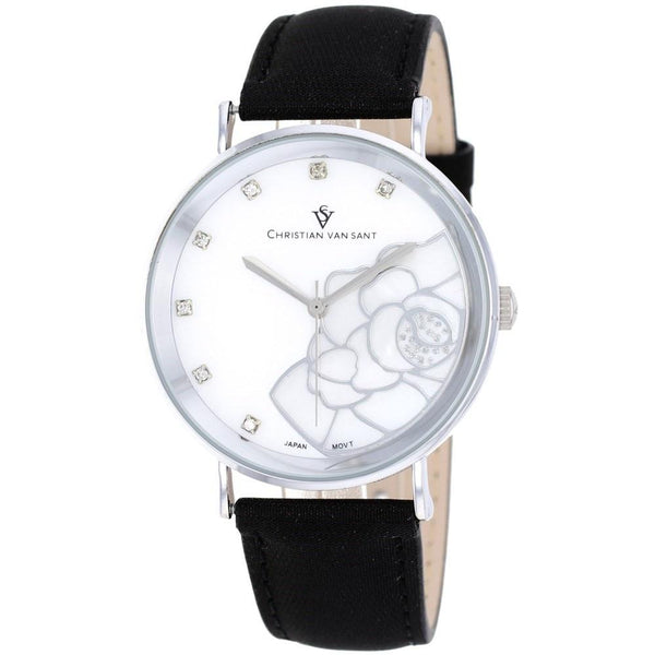 Christian Van Sant Women's CV2210 Fleur Crystal Black Leather Watch