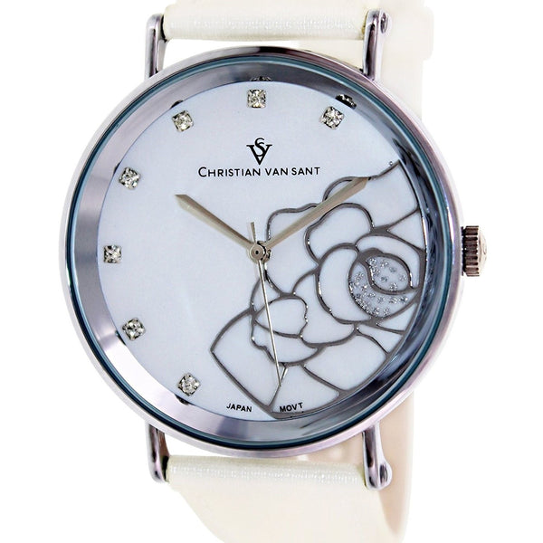 Christian Van Sant Women's CV2211 Fleur Crystal White Leather Watch