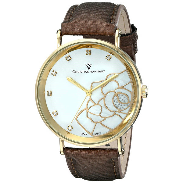 Christian Van Sant Women's CV2212 Fleur Crystal Brown Leather Watch