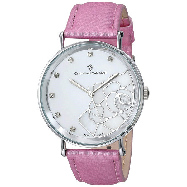 Christian Van Sant Women's CV2213 Fleur Crystal Pink Leather Watch