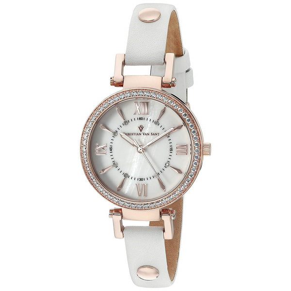 Christian Van Sant Women's CV8131 Petite Crystal White Leather Watch