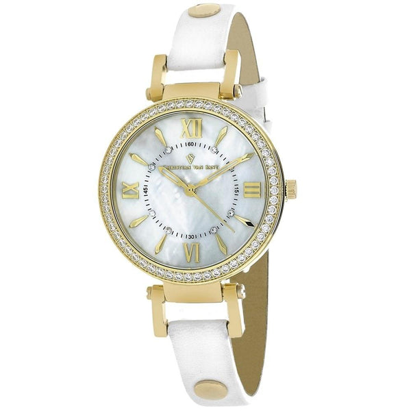 Christian Van Sant Women's CV8132 Petite Crystal White Leather Watch