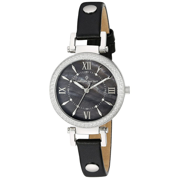 Christian Van Sant Women's CV8134 Petite Crystal Black Leather Watch