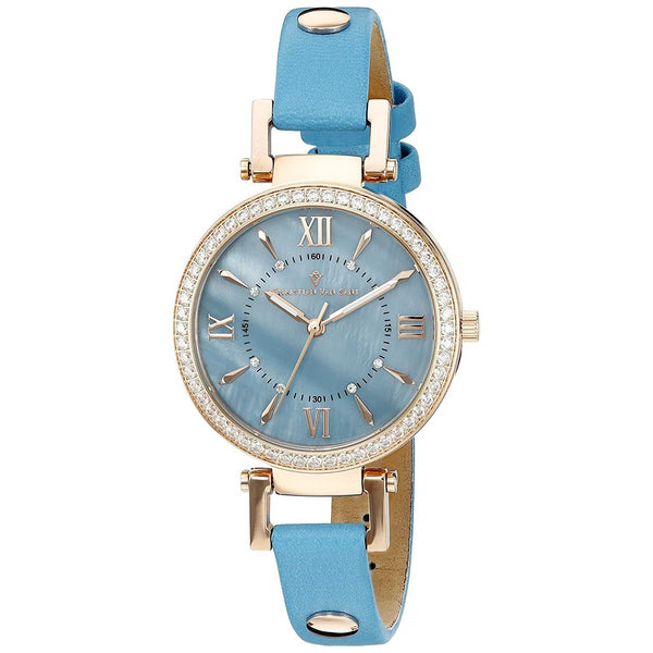 Christian Van Sant Women's CV8137 Petite Crystal Blue Leather Watch