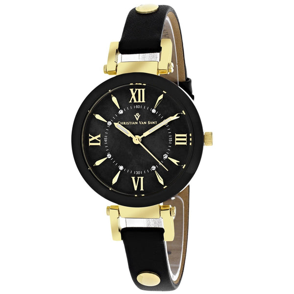 Christian Van Sant Women's CV8162 Petite Crystal Black Leather Watch