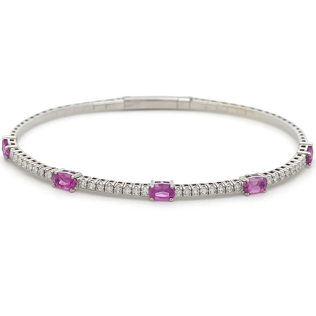 14K White Gold Pink Sapphire & Diamond Flexible Bangle