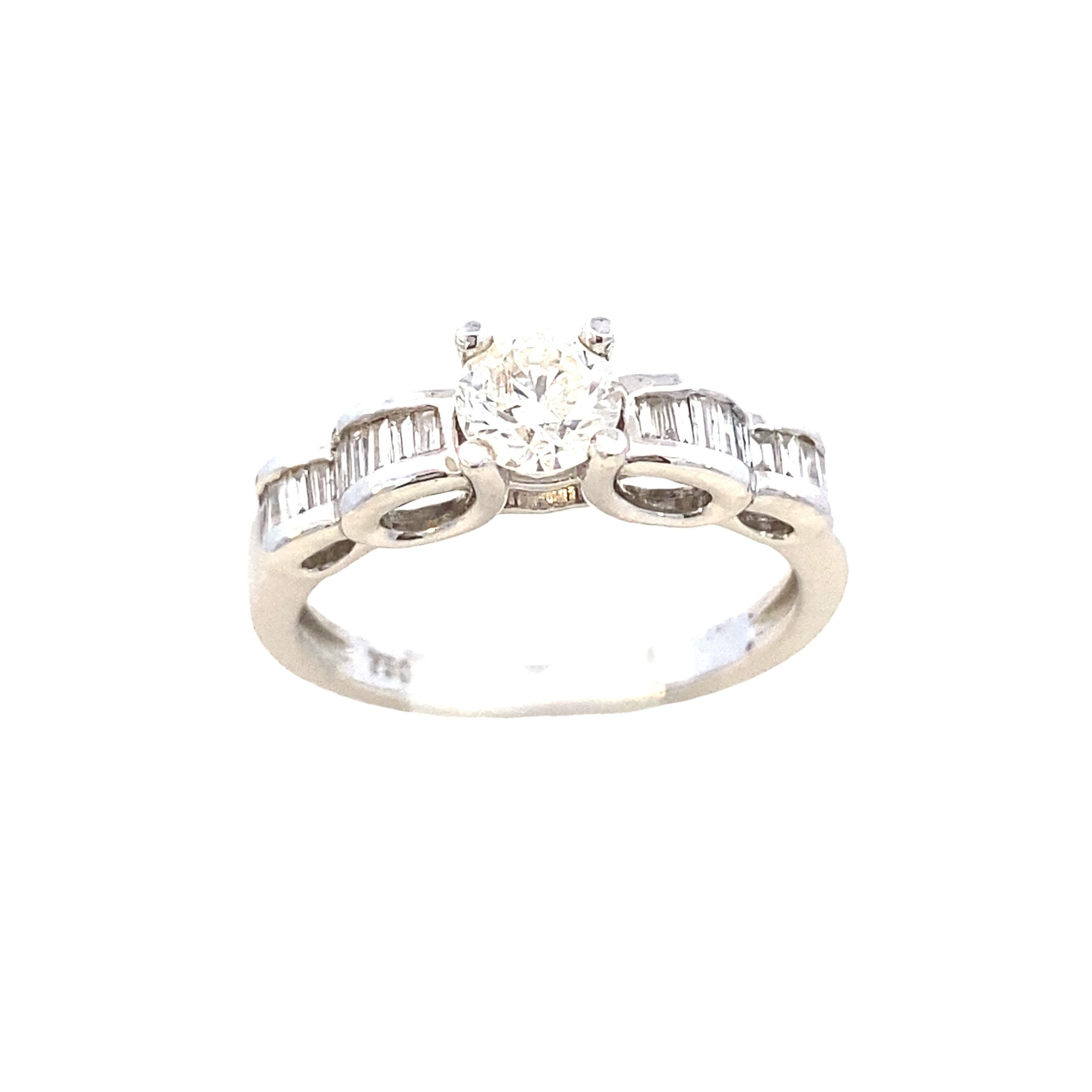 18k Diamond Round Cut Center with Baguette White Gold Engagement Ring