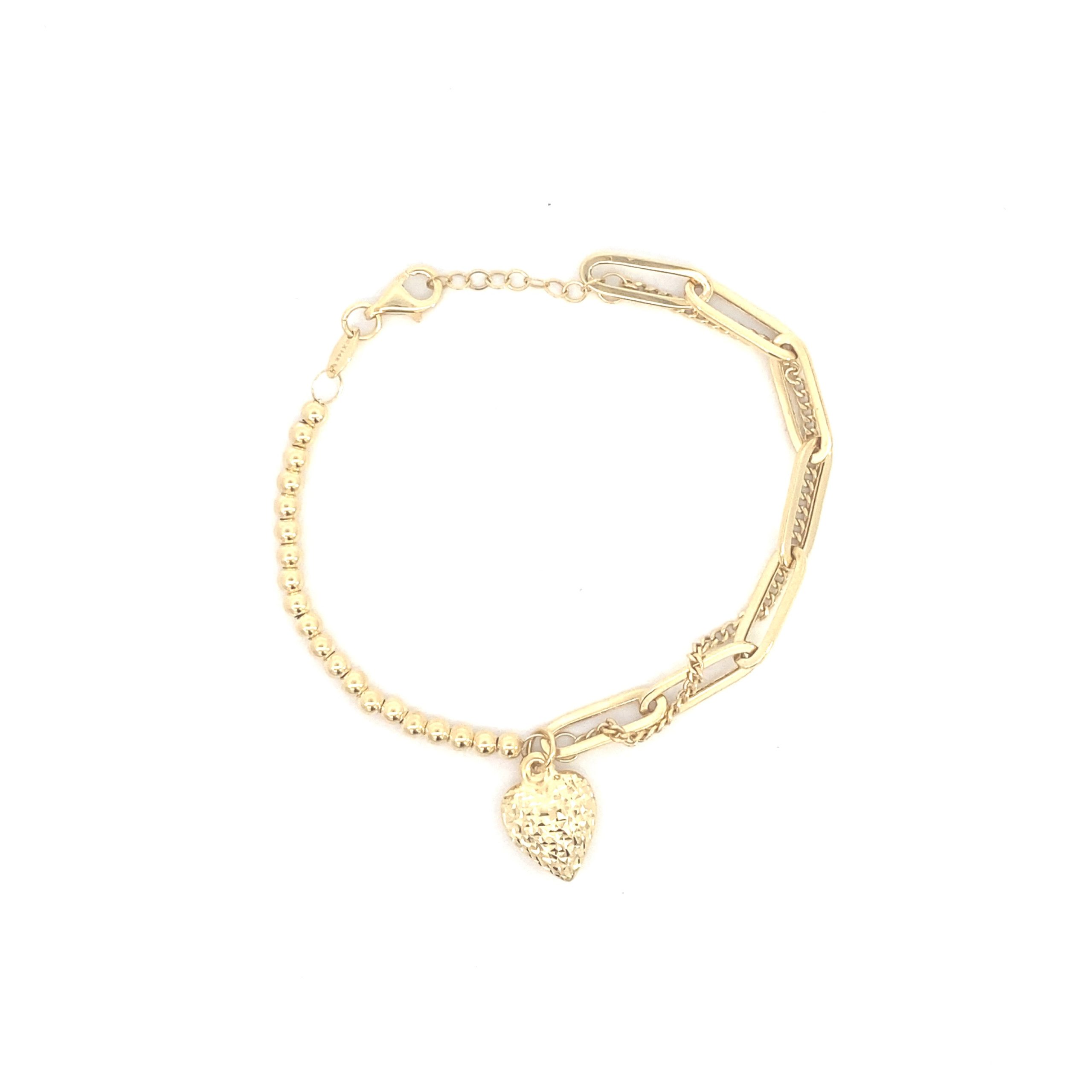 14K Gold Paper Clip Double Bracelet with Dangle Heart