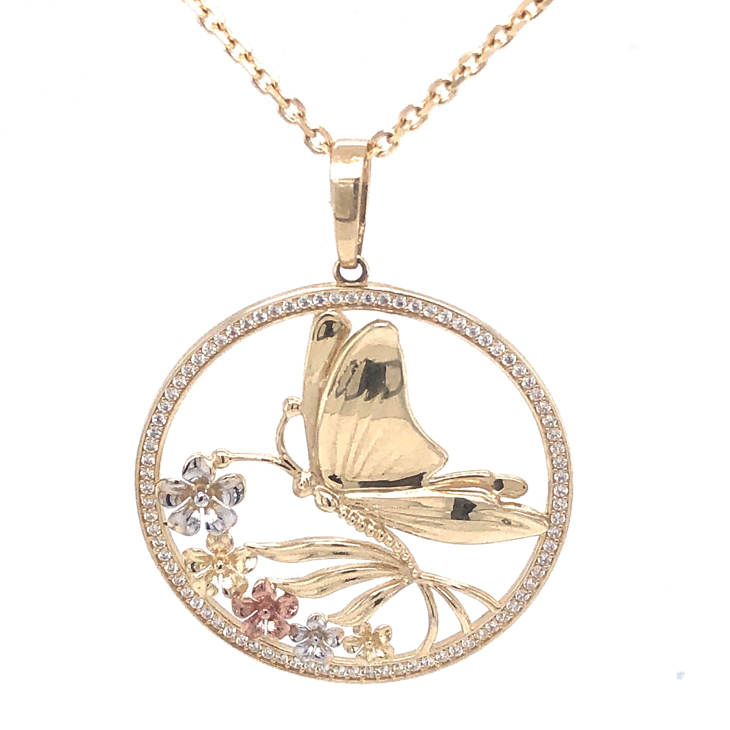 14K Tri-Color Butterfly Pendant With Flowers And Cz