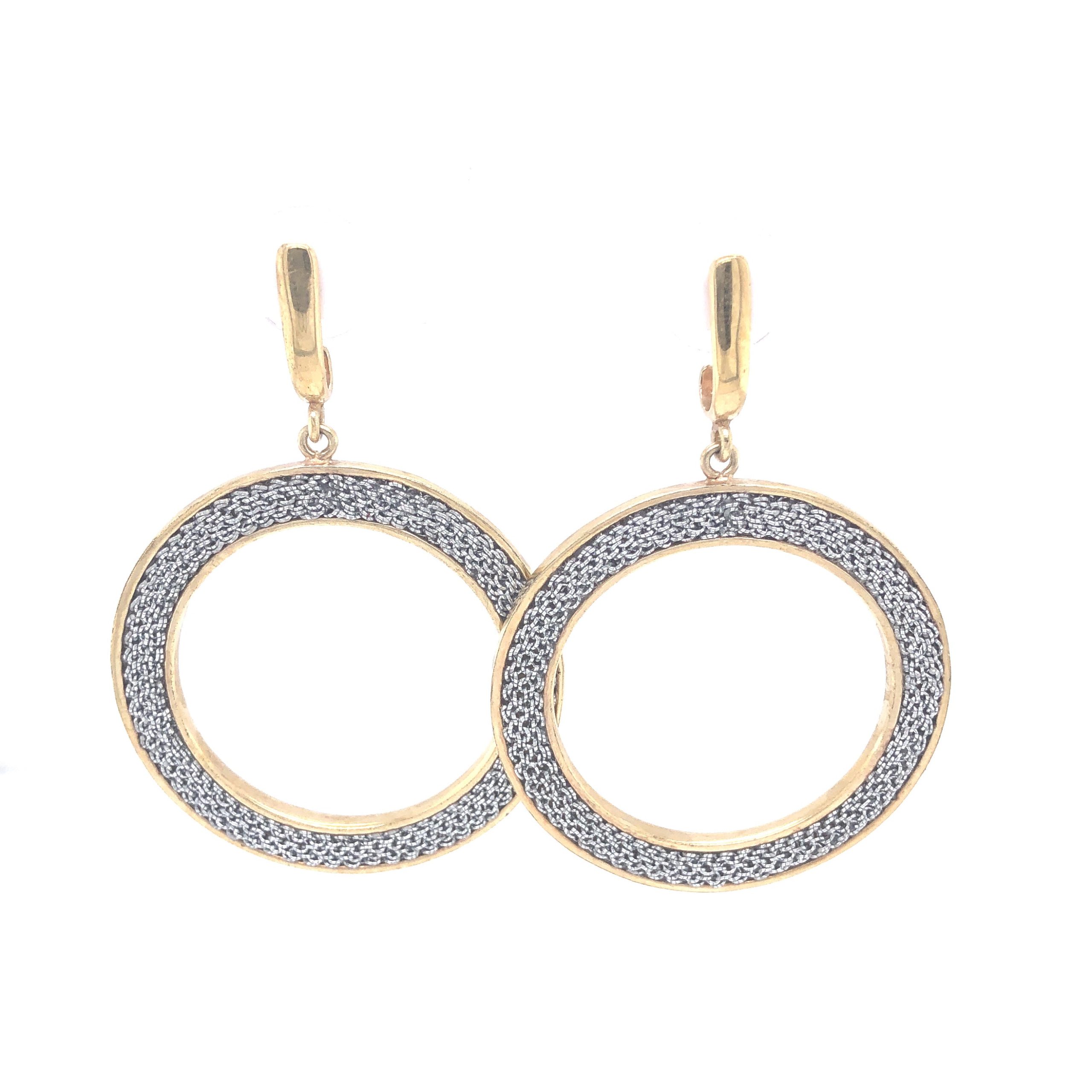 Circle Dangle Golden Earrings with Silver Mesh