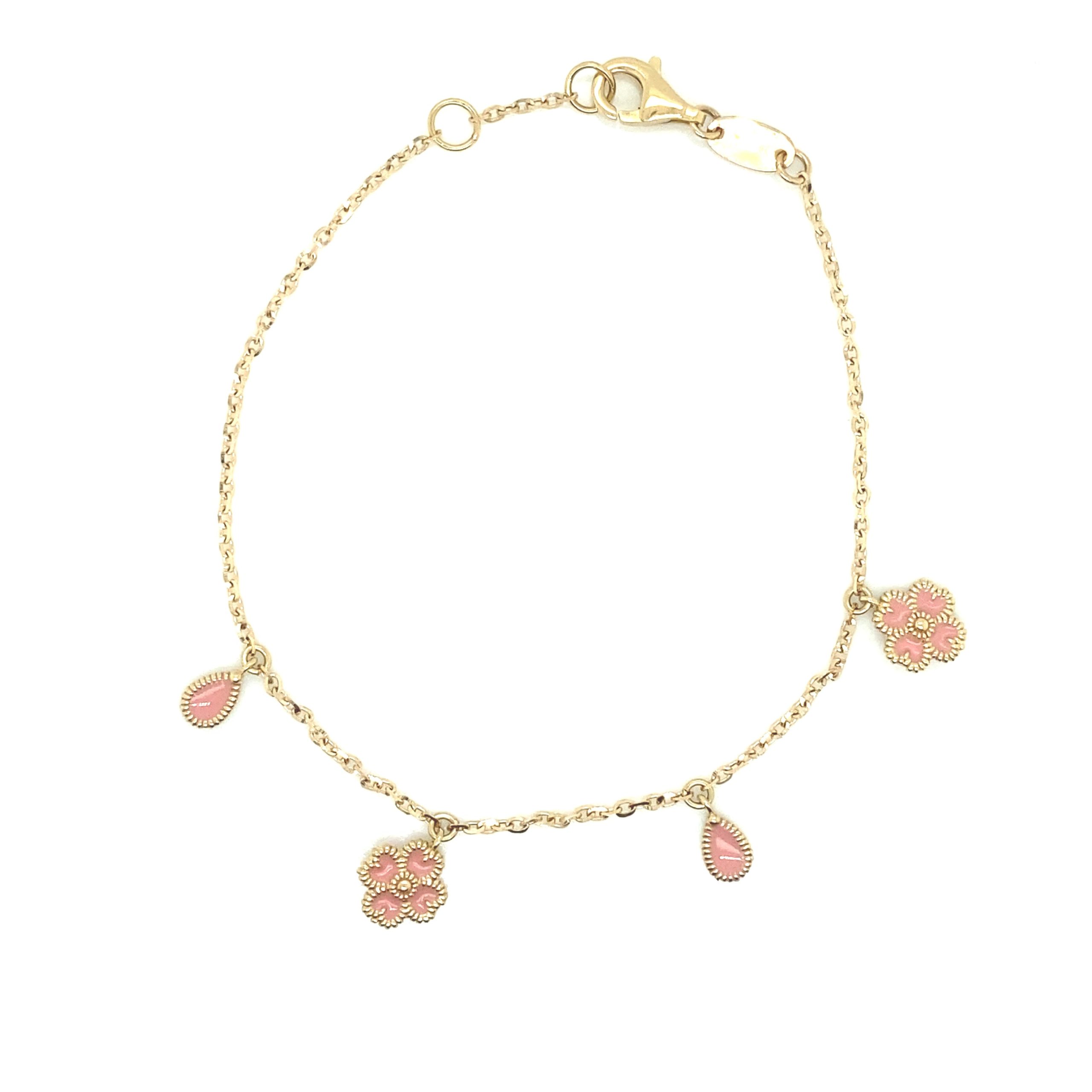 14K Gold Pink Flowers Bracelet