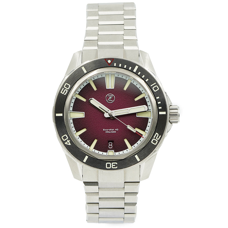SOLD - 5/13/24 - Zelos Swordfish Automatic Stainless Steel Burgundy Dial 2021 B&P