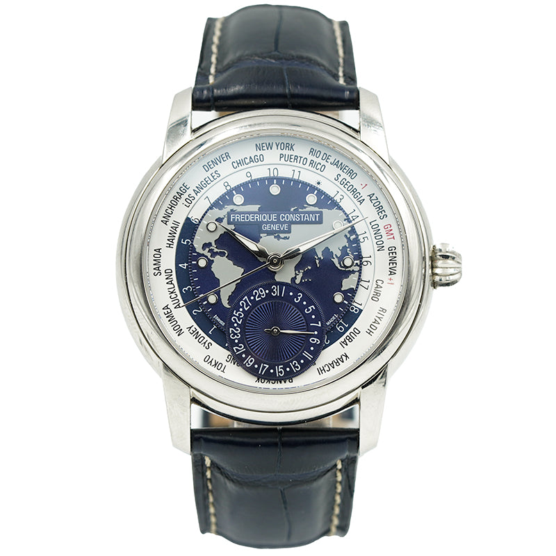 SOLD - 6/7/24 - Frederique Constant Worldtimer FC-718NWM4H6 Blue Dial 42mm B&P '24