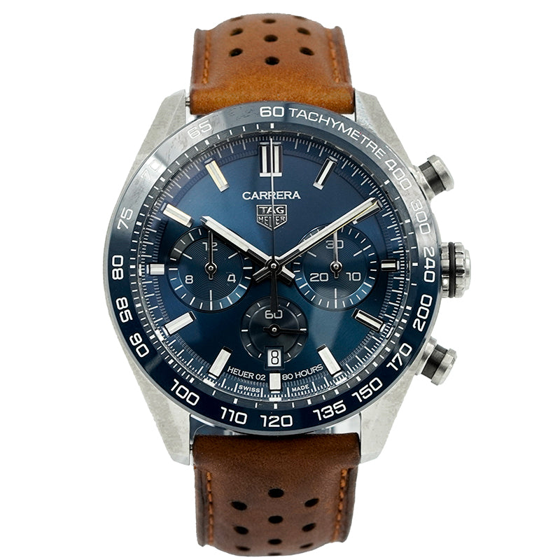 SOLD - 2/20/24 - Tag Heuer Carrera 44mm Blue Dial Chronograph CBN2A1A Leather Strap B&P 2023