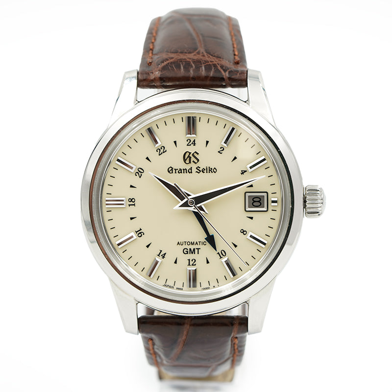 SOLD - 8/11/23 - Grand Seiko SBGM221 GMT Beige Dial Elegance Collection Brown Strap