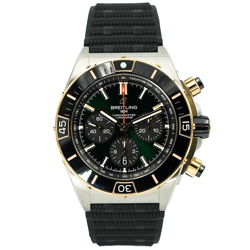 SOLD - 6/12/25 - Breitling Super Chronomat UB0136 44mm Two-Tone Green Dial B&P 2024