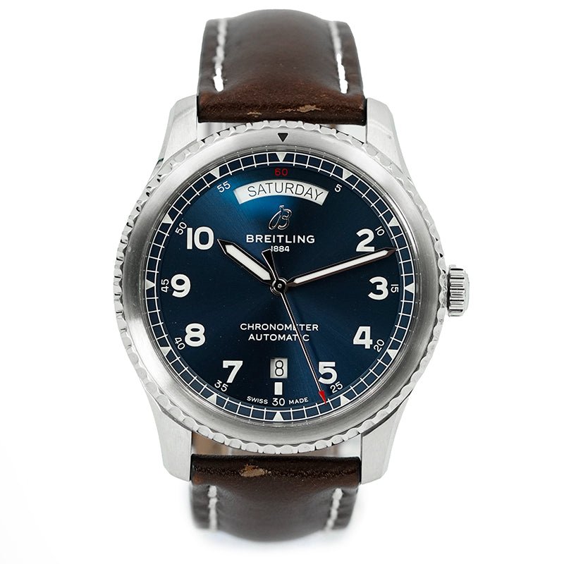 SOLD - 6/13/25 - Breitling Aviator 8 Day-Date 41 A45330 Blue Dial B&P on Strap