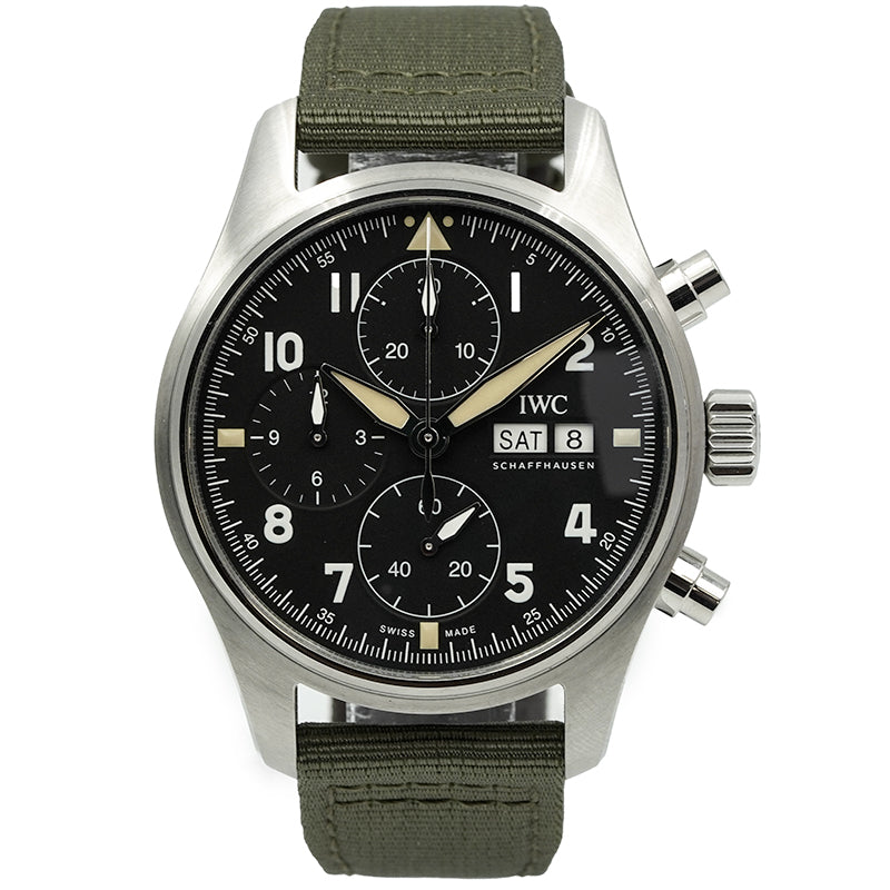 SOLD - 8/20/24 - IWC Pilot 41mm Spitfire IW387901 Chronograph Black Dial Green Strap B&P 2021
