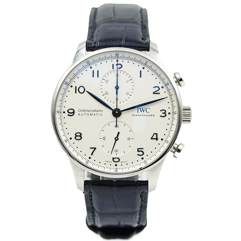 SOLD - 02/22/24 - IWC Portugieser Chronograph Silver Dial Blue Hands 2022 B&P IW371605