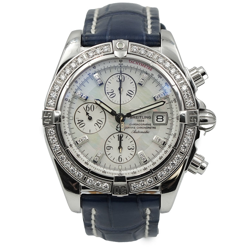 SOLD - 9/9/25 - Breitling Chronomat Evolution A13356 44mm Diamond Bezel MOP Dial B&P 2007