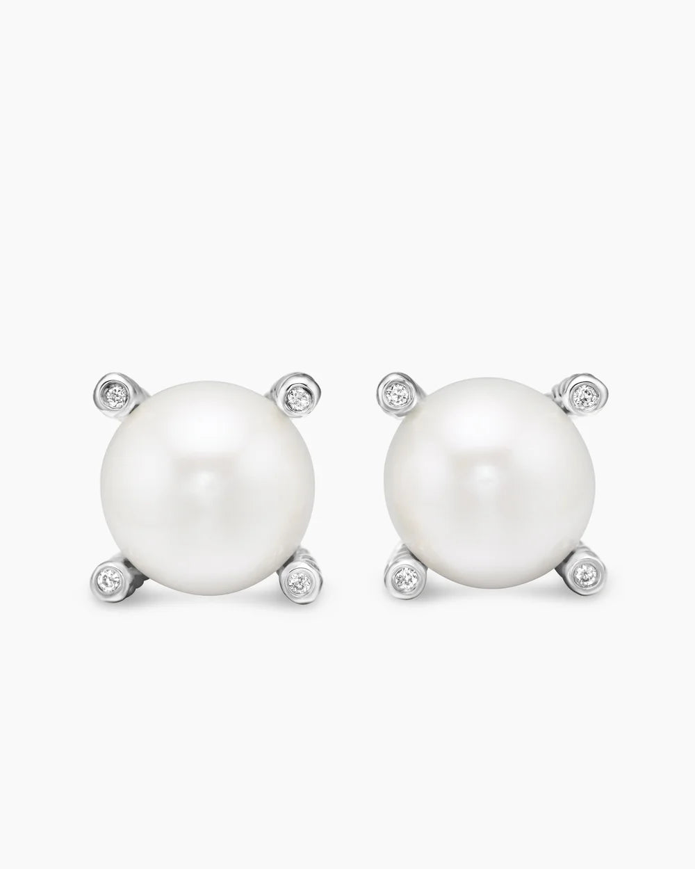 Pearl Stud Earrings Sterling Silver with Pearls and Diamonds, 14mm