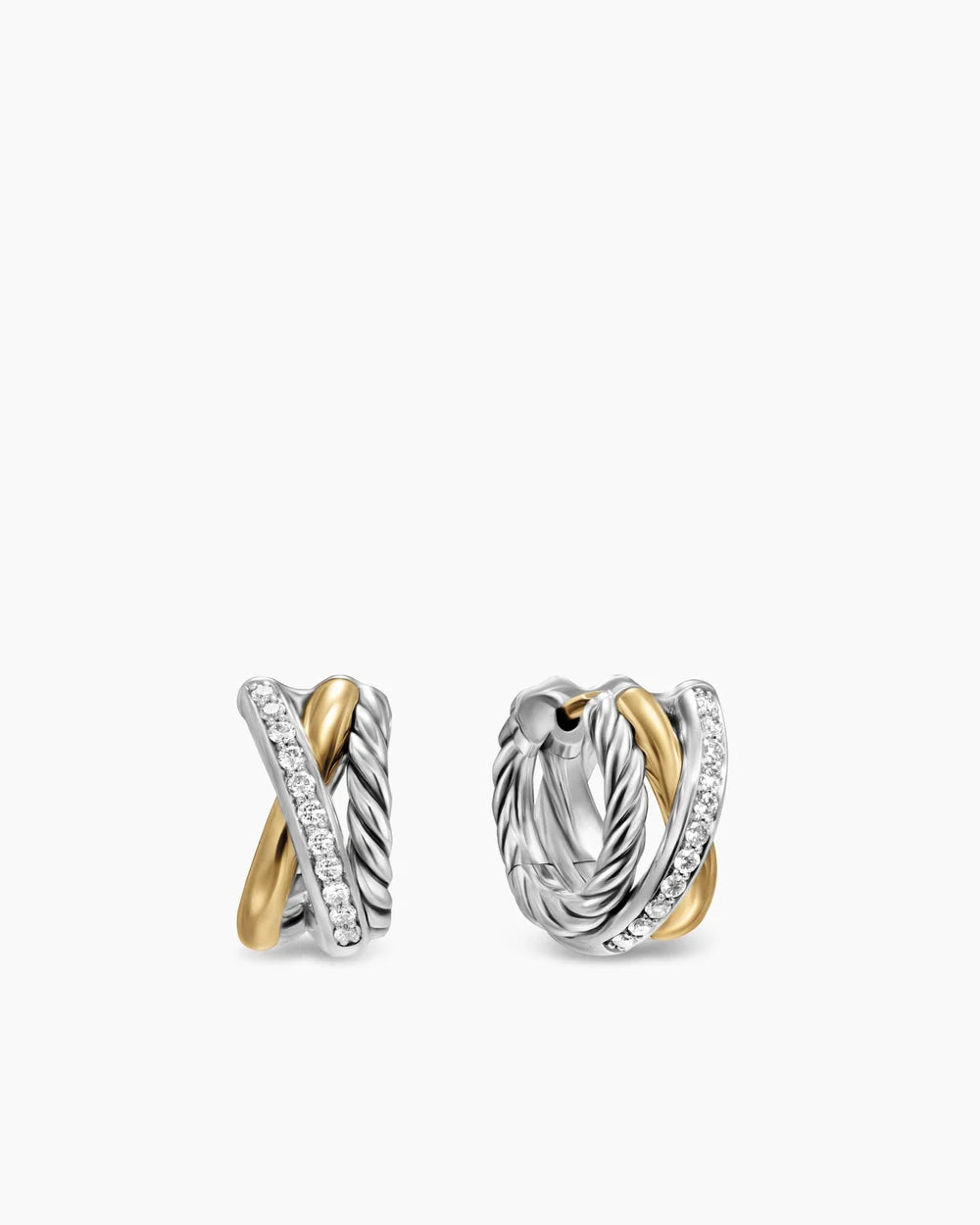 CROSSOVER THREE ROW HUGGIE HOOP EARRINGS Sterling Silver with 18K Yellow Gold, 13mm