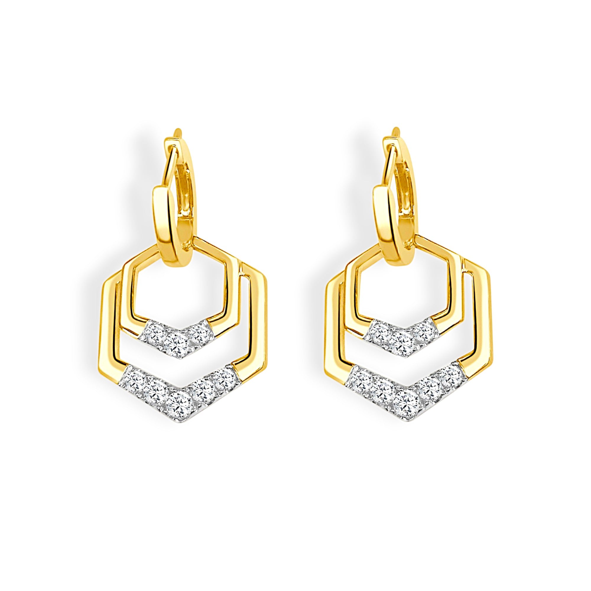14K Yellow & White Double Open Hexagon Clip Diamond Drop Earrings