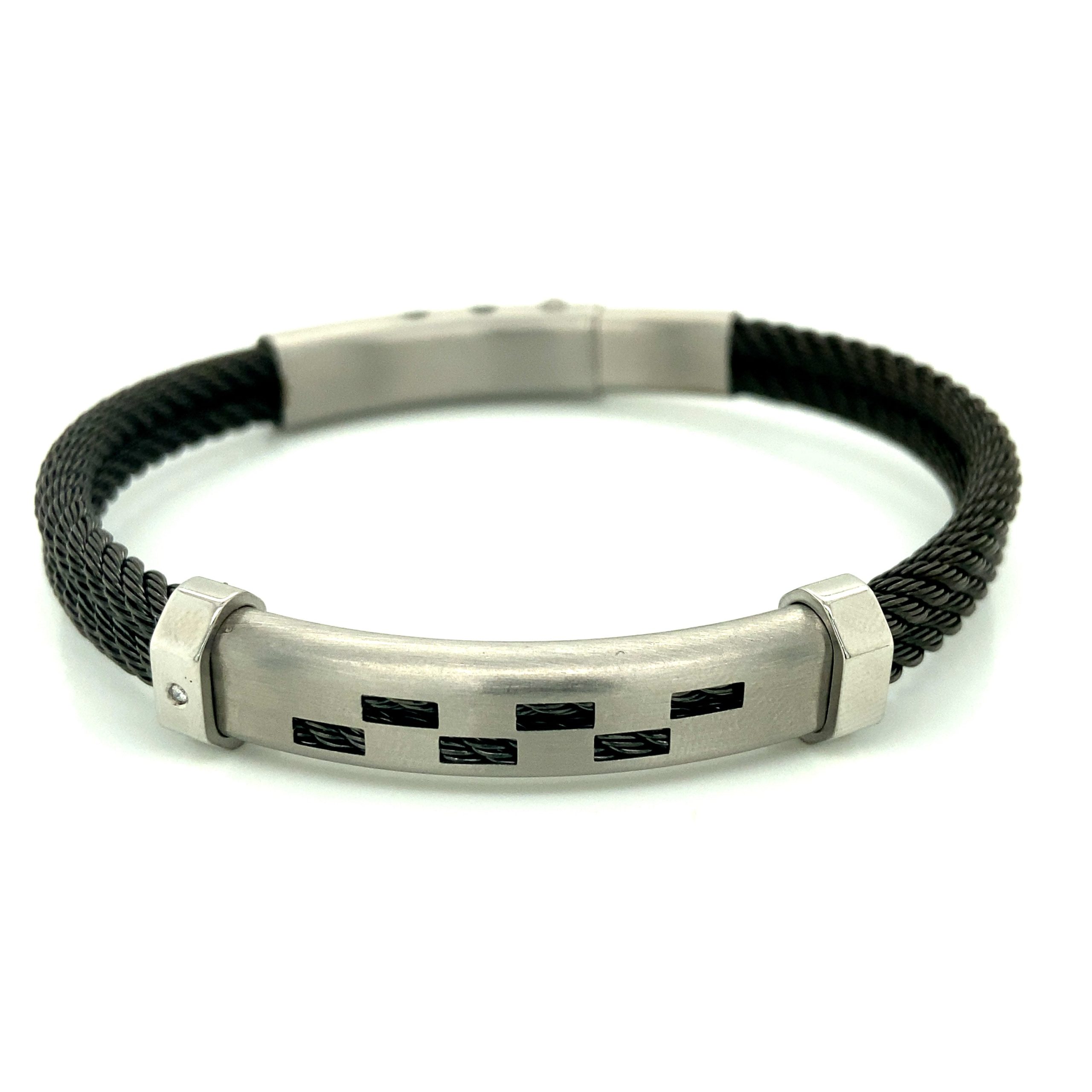 Double Black PVD Rope Bangle with Embellished White Diamond