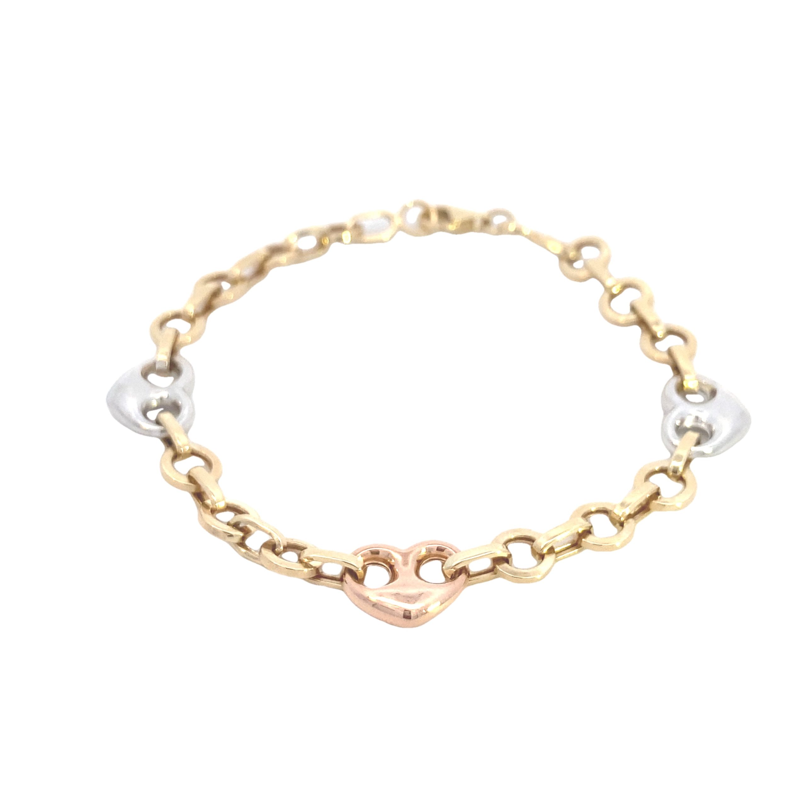 14K Gold 3-color Heart Link Bracelet