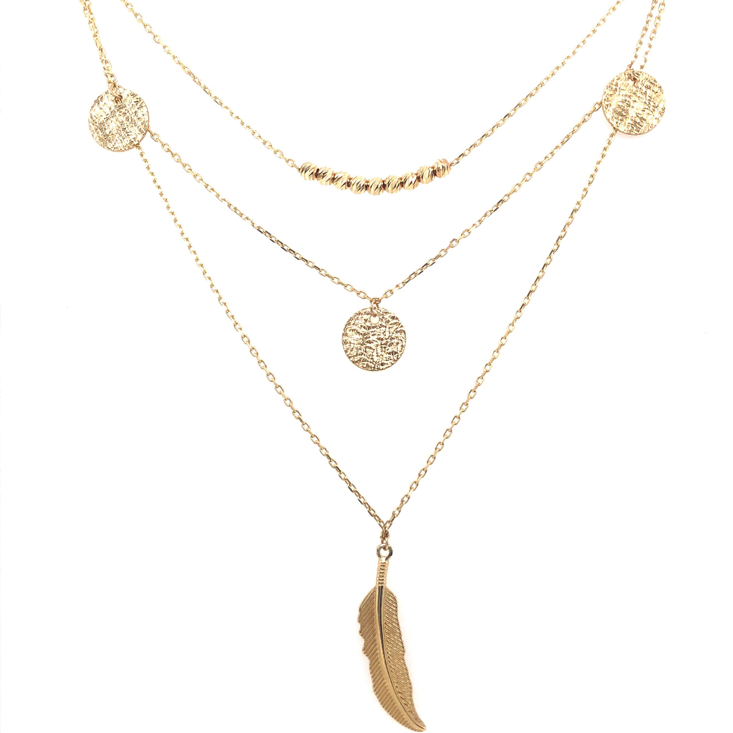 Triple Layer Feather Chain Necklace 14k Gold