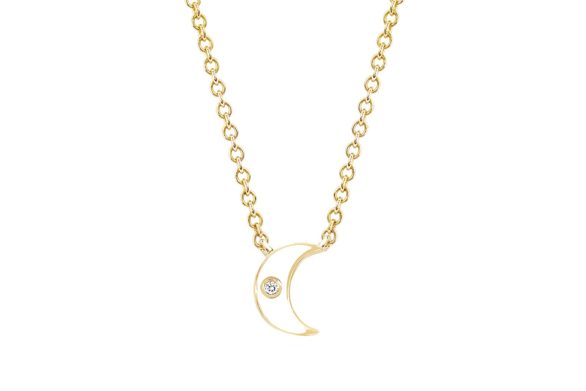 14K YELLOW GOLD ENAMEL AND DIAMOND MOON NECKLACE