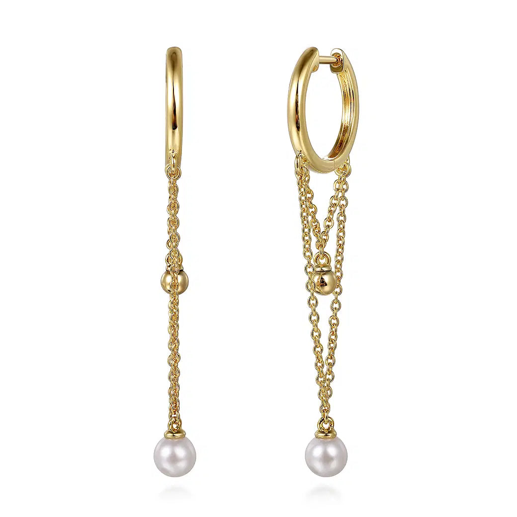 14K Yellow Gold Bujukan And Pearl Huggie Drop Earrings