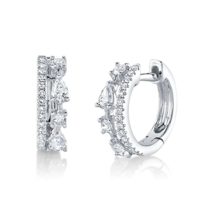 14K White Gold 0.43ctw 2-Row Mixed Shape Diamond Huggie Earrings - SC55025099