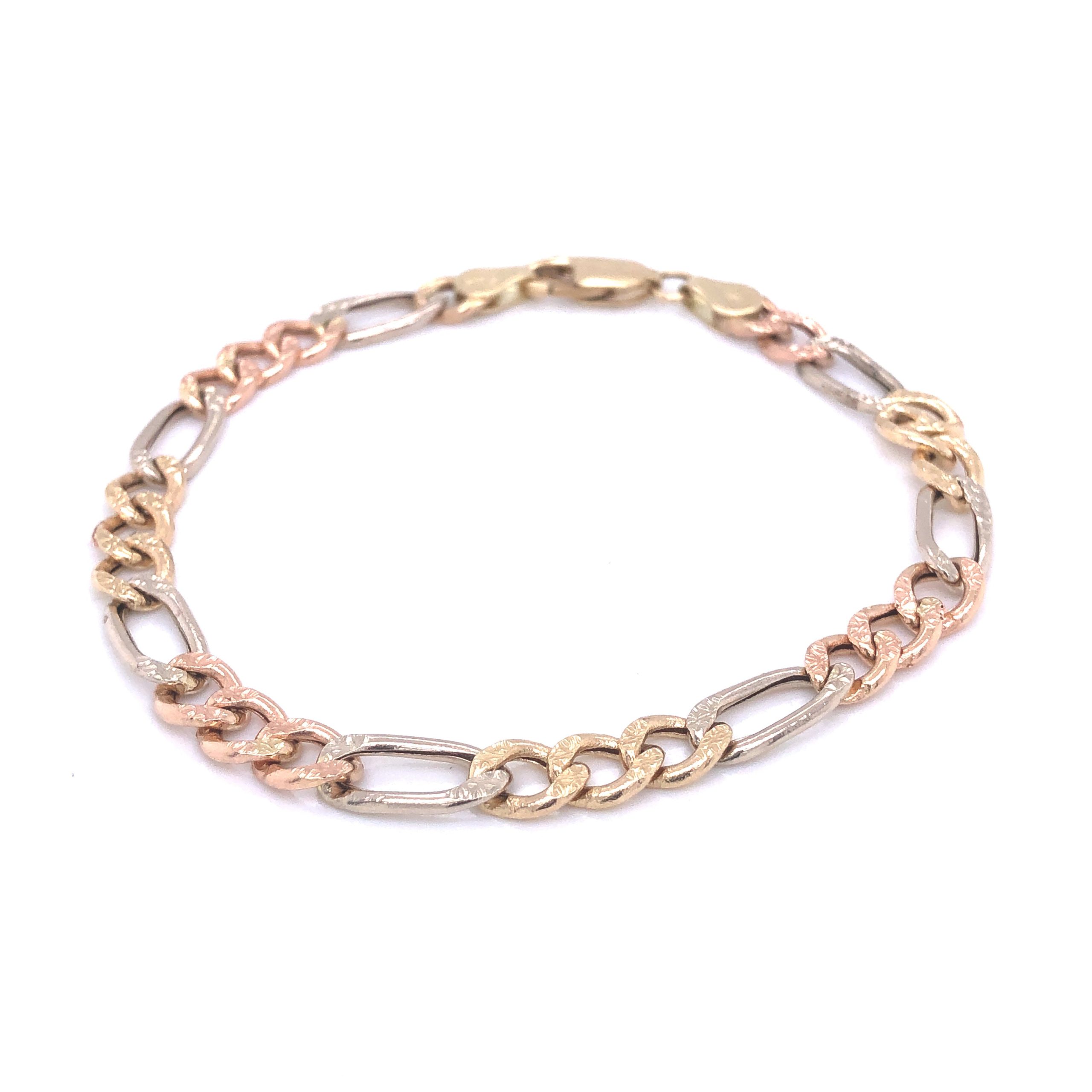 14K Figaro Link Tri-Color Gold Bracelet