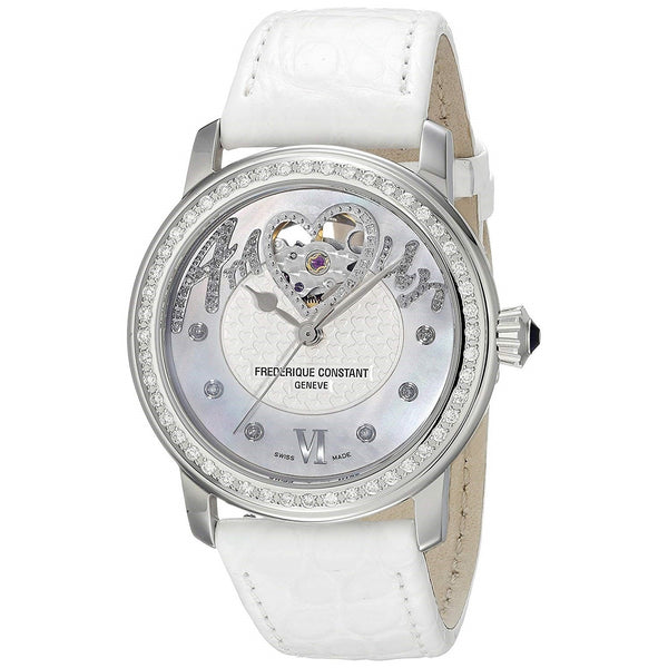Frederique Constant Women's FC-310SQ2PD6 Double Heart Beat Diamond White Leather Watch
