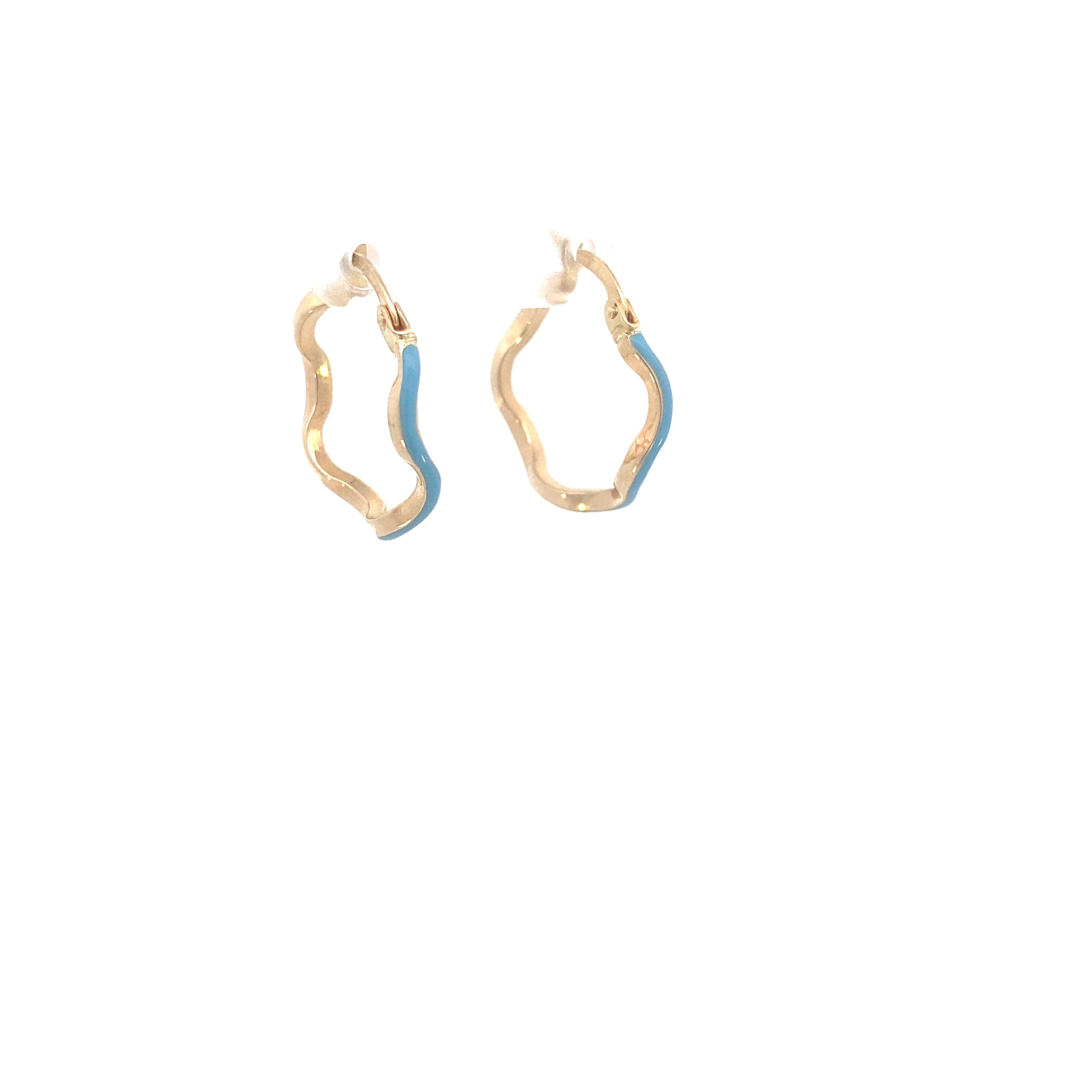 14K Gold Wave Hoops with Blue Enamel