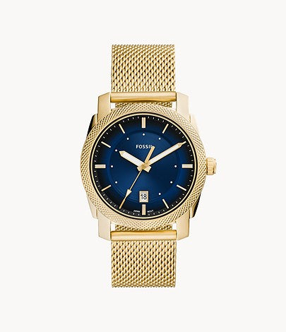 Machine Three-Hand Date Gold-Tone Stainless Steel Mesh Watch