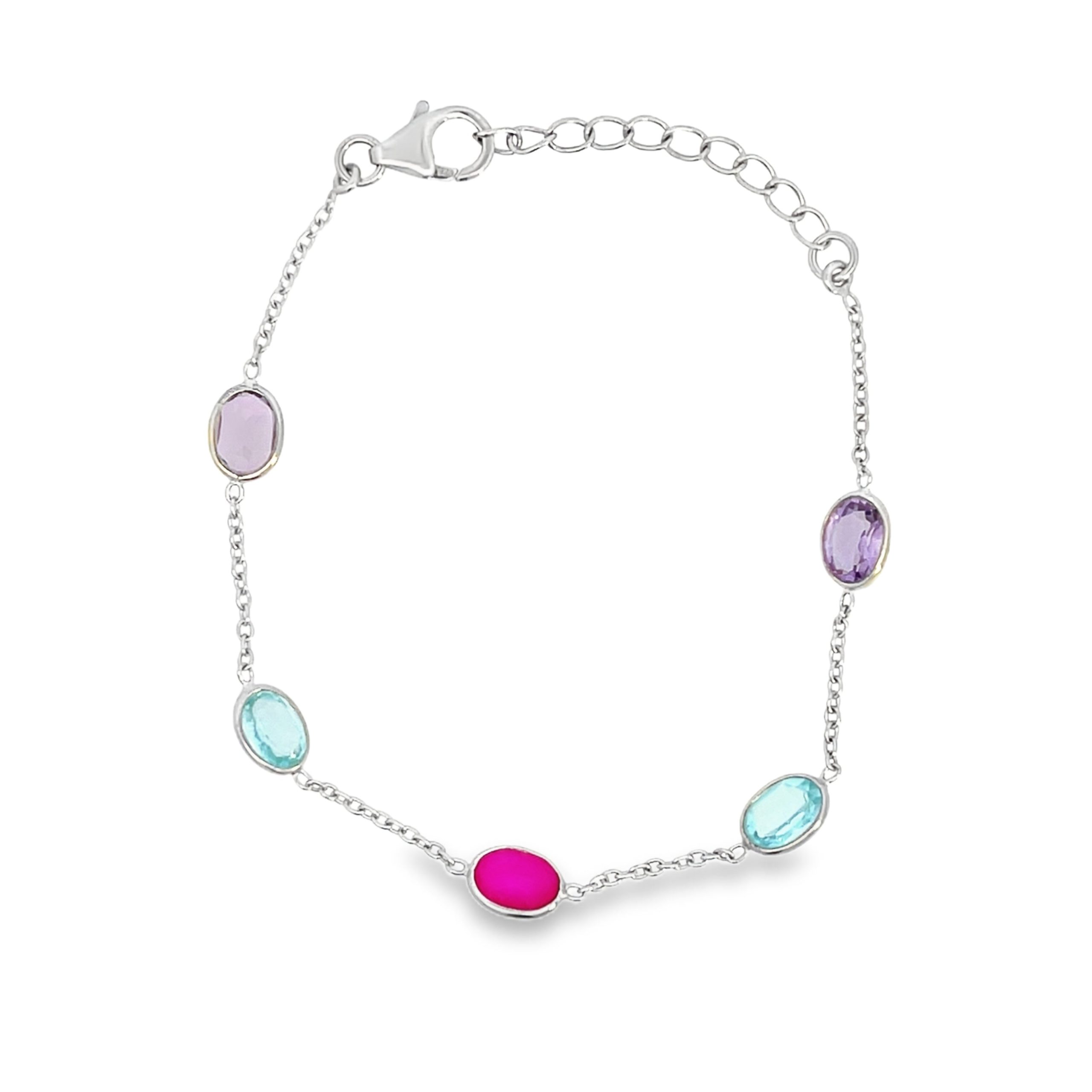 Sterling Silver Multicolor Quartz Five-Oval Bezel Set Bracelet