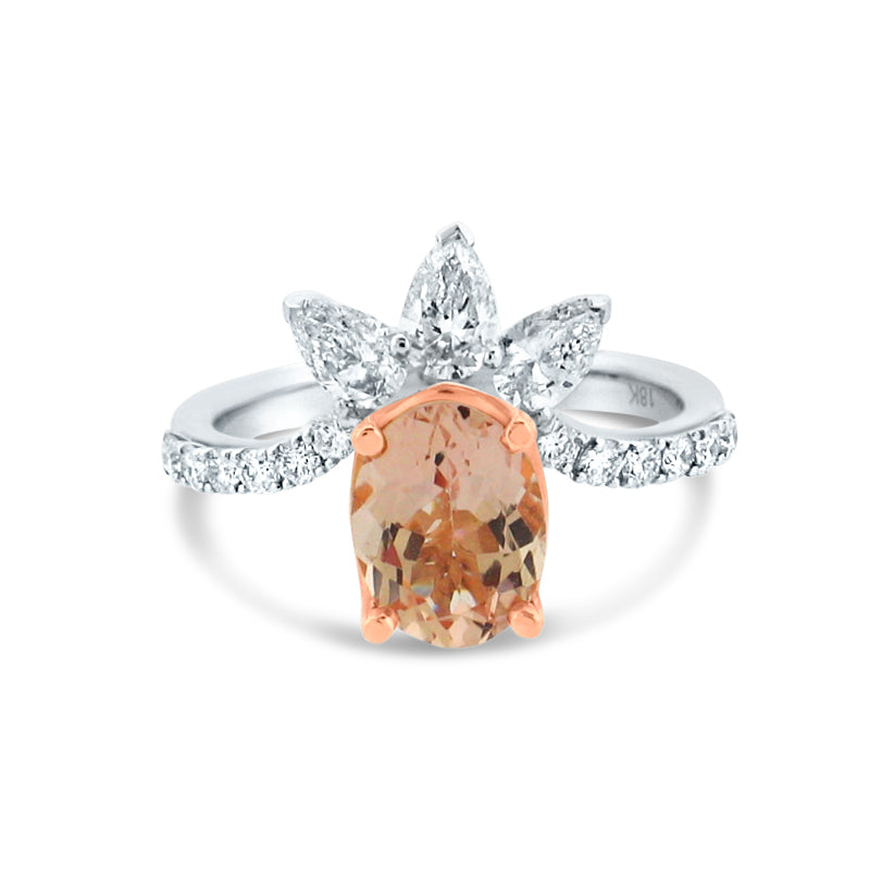 PRIVE' 18K WHITE & ROSE GOLD, MORGANITE & 0.65CT DIAMOND ACCENTING RING