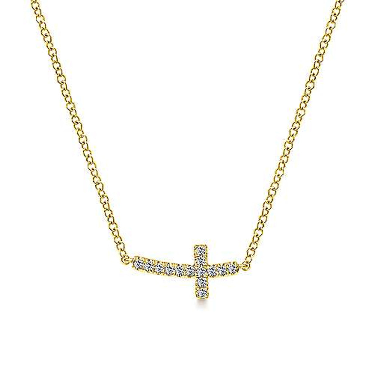 14K Yellow Gold Sideways Curved Diamond Cross Necklace