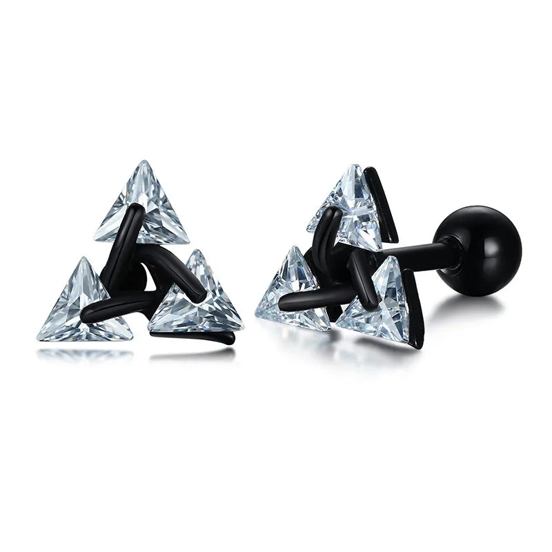 Triangle Stud Stainless Steel Earrings AAA Cubic Zirconia Black