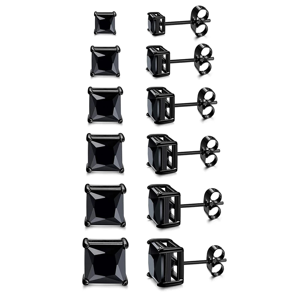Stainless Steel Men Women Cubic Zirconia Stud Earrings Black Piercing 22G 3-8mm